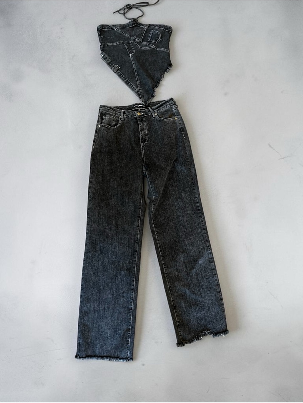 Fashion Nova Halter Top and High-Rise Straight Leg Jean Set in Charcoal Black - Picture 4 of 6